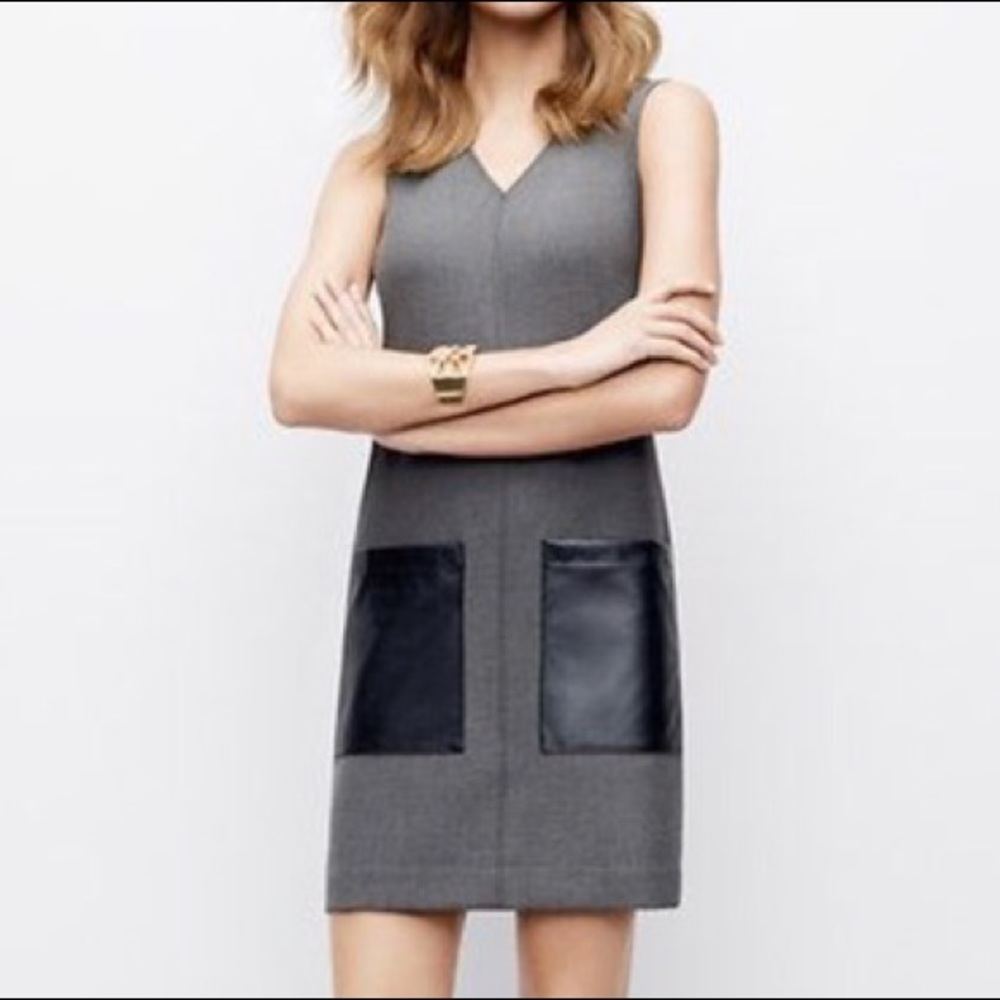 Ann Taylor Grey Faux Leather Pocket Shift Dress